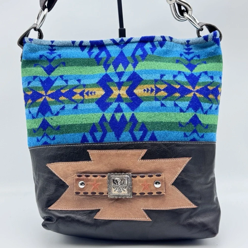Custom Pendleton Upcycled Leather & Wool Nan-Made Pecos Hobo Crossbody Tote Bag